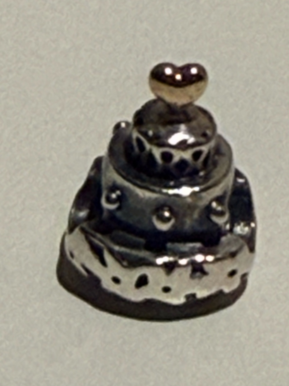 Pandora Silver-Two Tone Heart Cake Charm with Gold Heart Top-RETIRED.